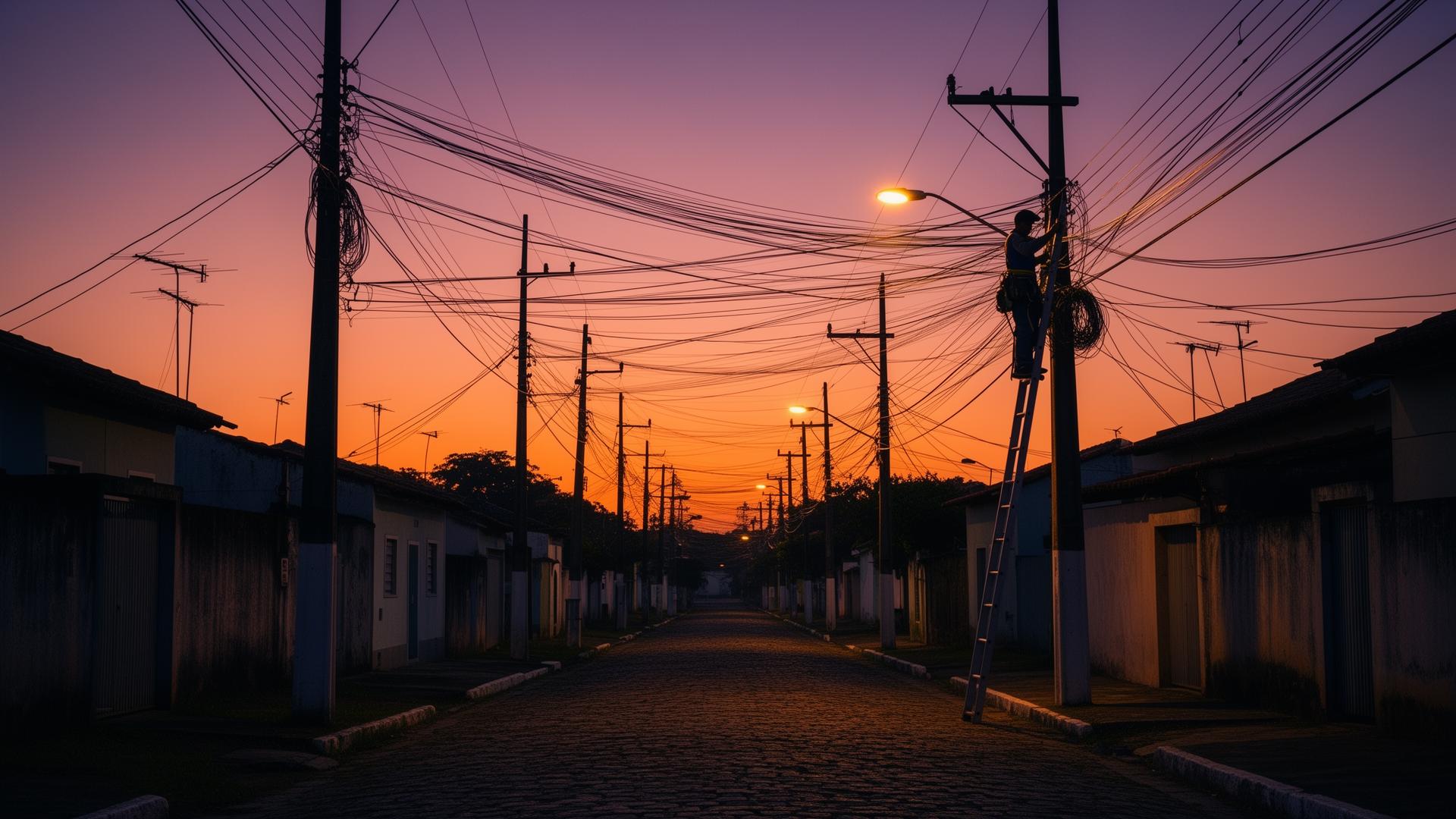 Rua com postes de fibra ao entardecer