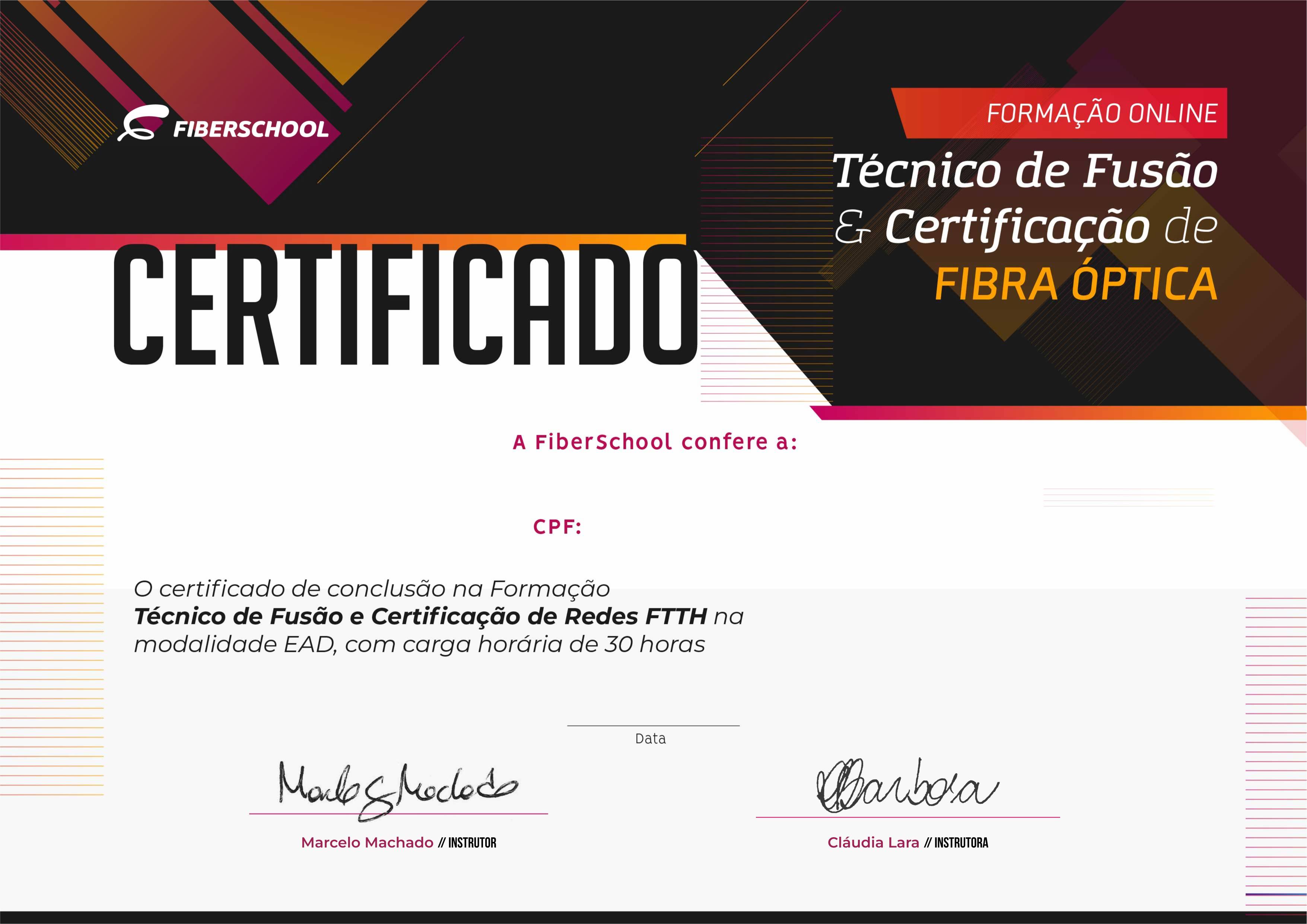 Certificado oficial Fiberschool — Técnico de Fusão e Certificação de Redes FTTH